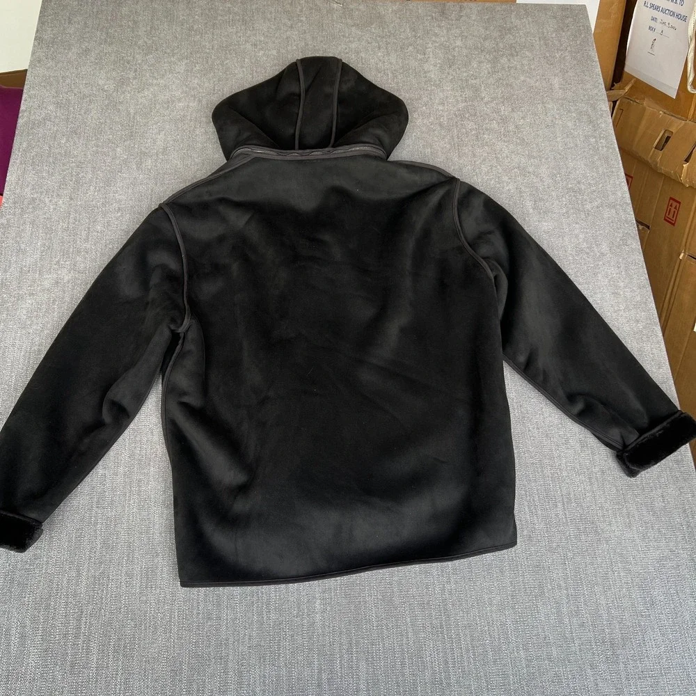 John Varvatos Faux Suede Jacket Mens XL Black Faux Fur Lined Hooded Full Zip
